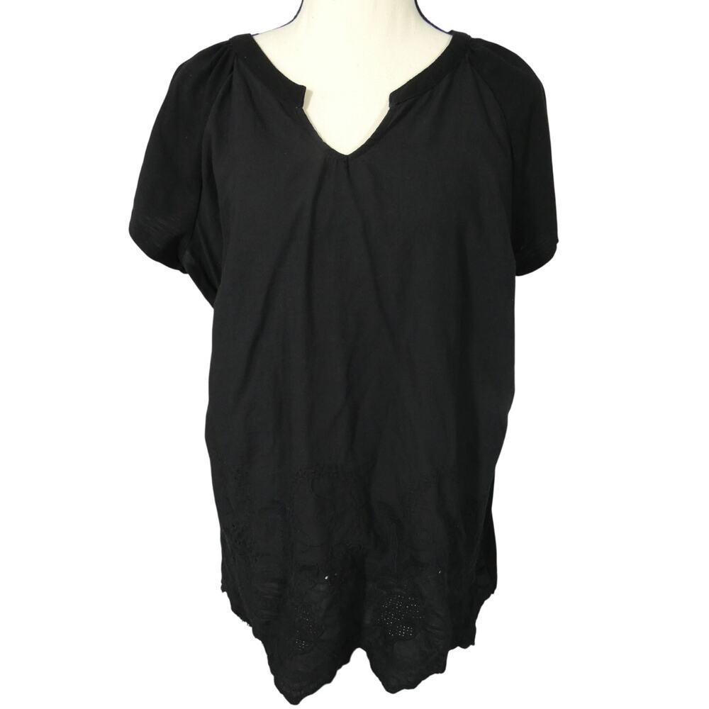 Retrology Women's XL Black Tunic V-Neck Short Sleeves Embroidered Casual